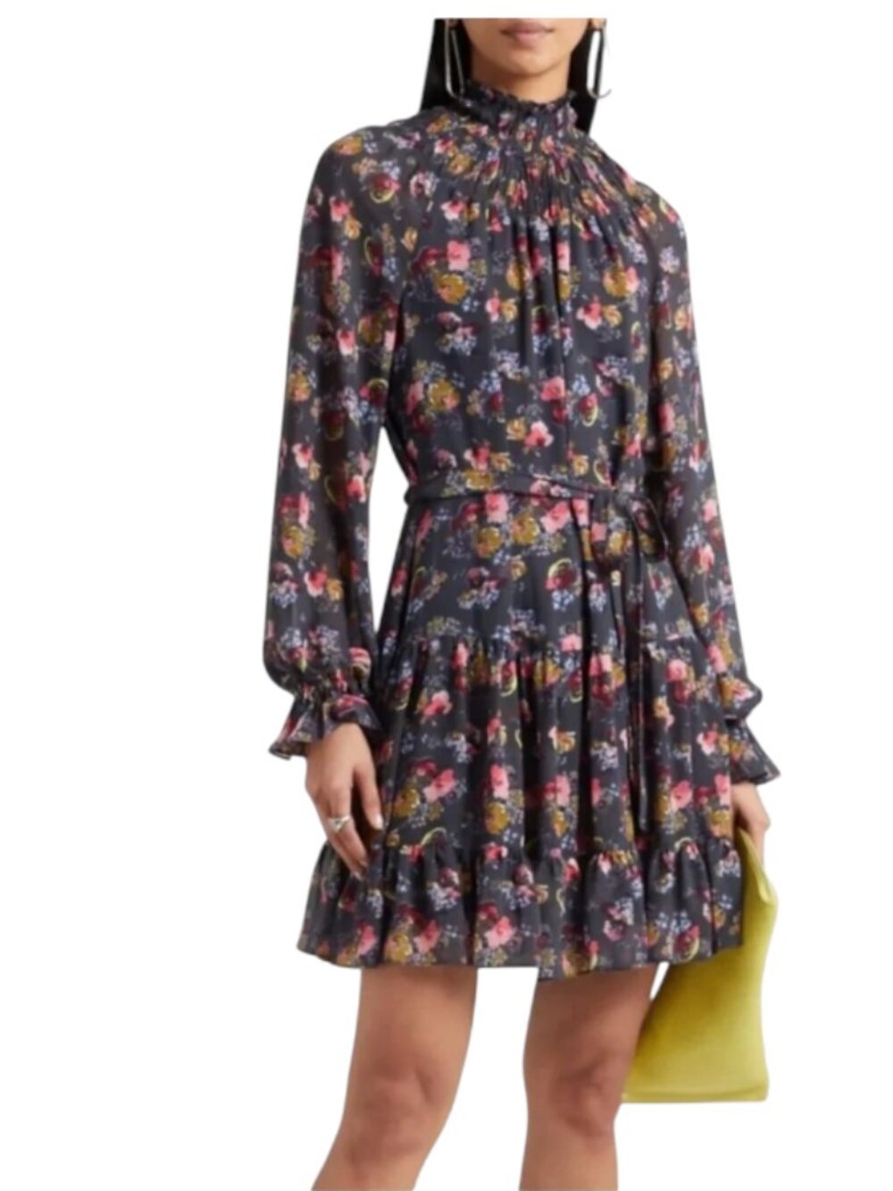 Cinq a Sept Daija Floral Mini Dress Womens 6 Gray Pink Long Sleeve Chiffon Belt